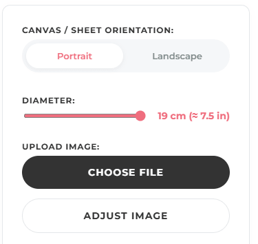 Creating custom edible images for cakes: Steps 3 and 4, adjusting image diameter and adding personalized text to your edible cake topper.
