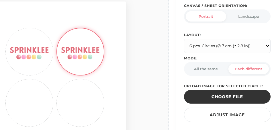 Creating multiple edible images: Step 2, file upload, cropping, and adjusting the photo for a specific circular cake decoration.