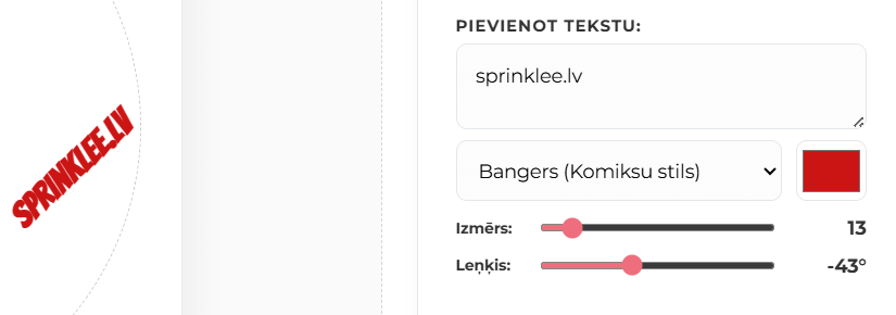 Personalizētu ēdamo bilžu izveide tortēm: 3. un 4. solis, attēla diametra pielāgošana un sava teksta pievienošana ēdamajam kūkas dekoram.