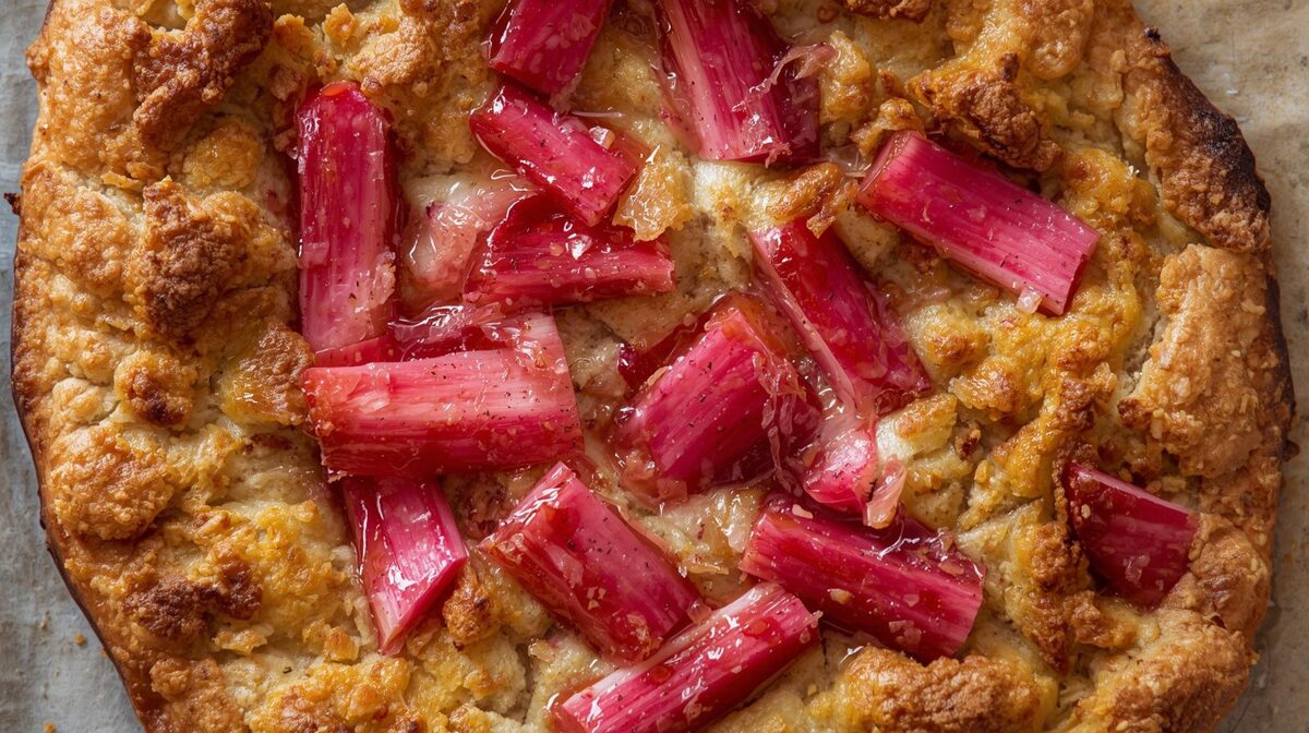Homemade rhubarb tray bake with buttery crumb topping and fresh rhubarb pieces